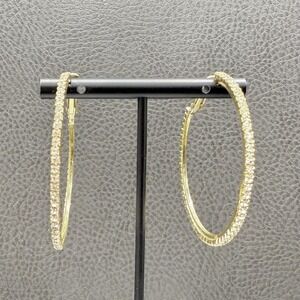 Gold Tone Hoop Earrings Rhinestone Crystal Accent Classic Large Pierced 2 Inch